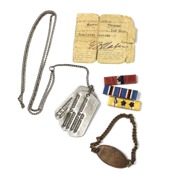 US Army dog tags, ribbons, religious bracelet lot